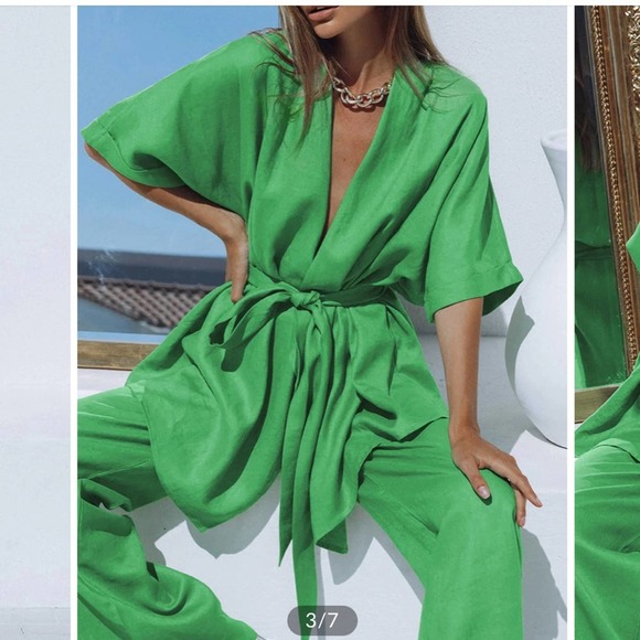 Oversized Linen Tied Two Piece Pants Set - Picture 3 of 7